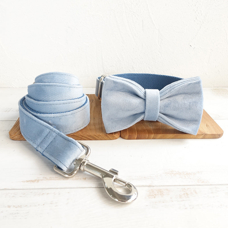 Sky Blue Velvet Dog Collar With Bow Tie