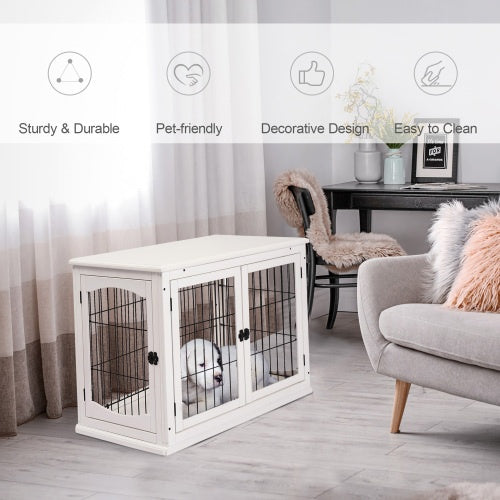 Furniture Dog Crate with Two Open Sides and Lockable Door - White and Black