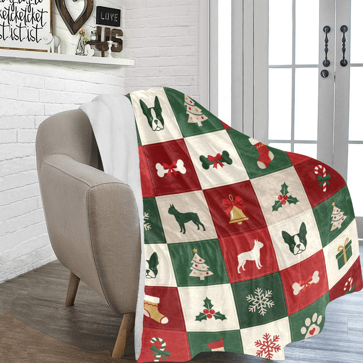 Boston Terrier Christmas Patchwork Ultra-Soft Micro Fleece Blanket