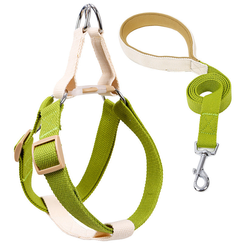 Colored Strap Step-In Dog Harness With Leash Set . Green Beige