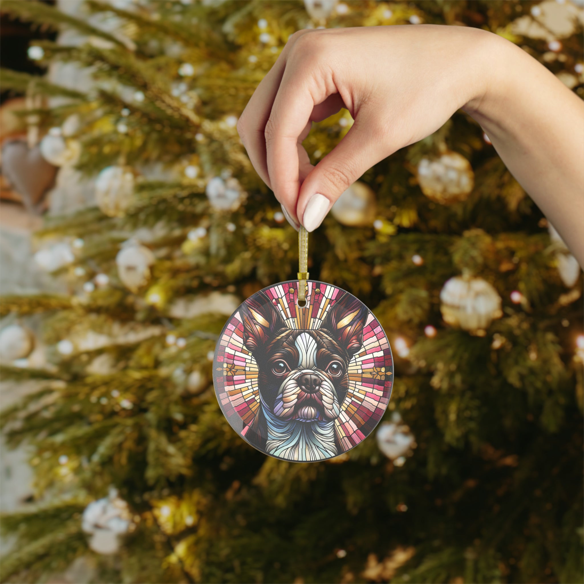 Colorful Geometric Boston Terrier Stained Glass Ornaments - Brown and Harmonious