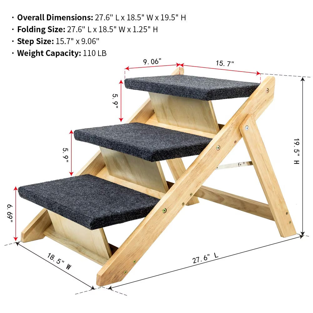 Foldable Wooden Dog Stairs or Ramp For Beds And Cars - 3 Levels - Perfect For Elderly Pets