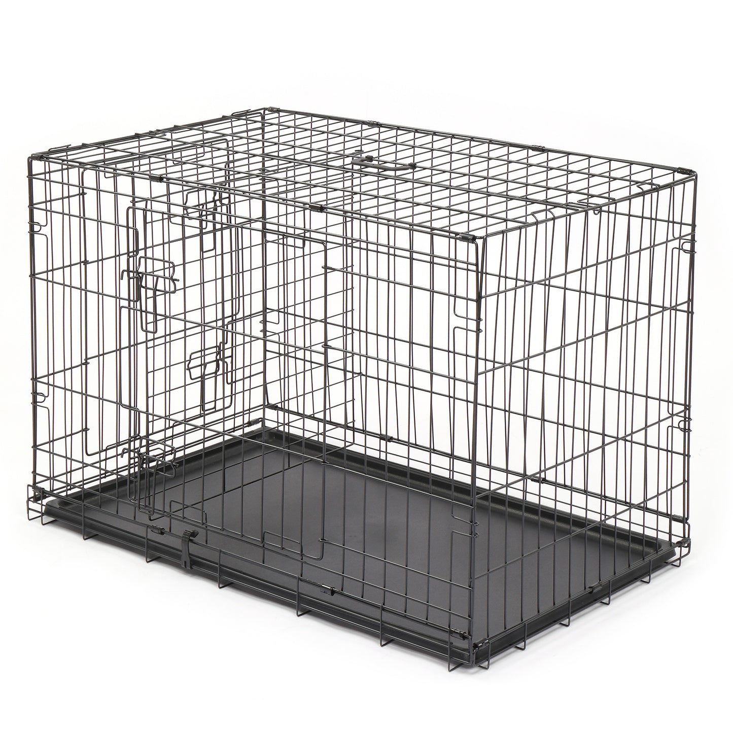 Metal Wire Foldable Dog Crate With Divider Plastic Tray - 42 Inches - Black