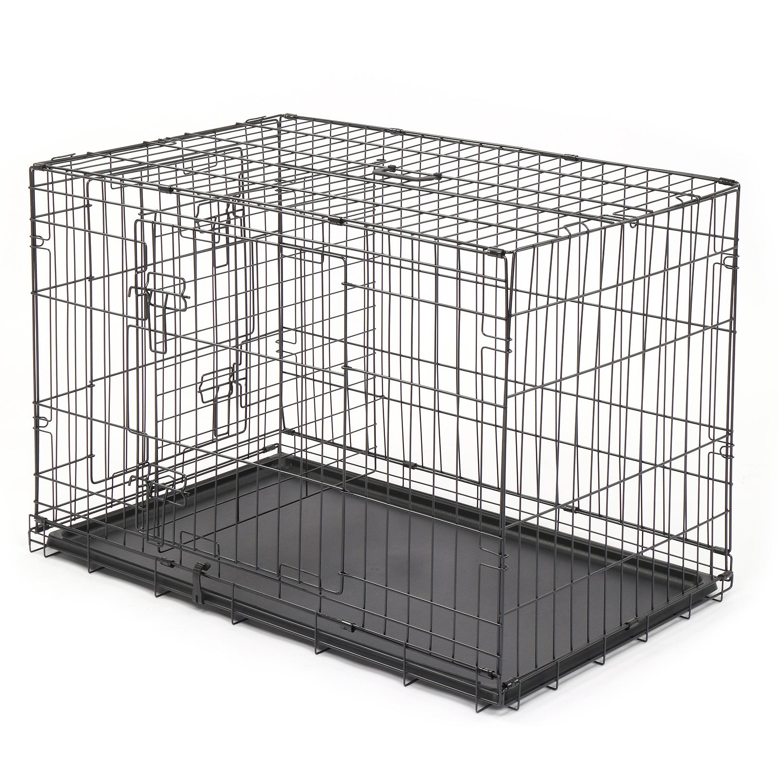 Metal Wire Foldable Dog Crate With Divider Plastic Tray - 42 Inches - Black