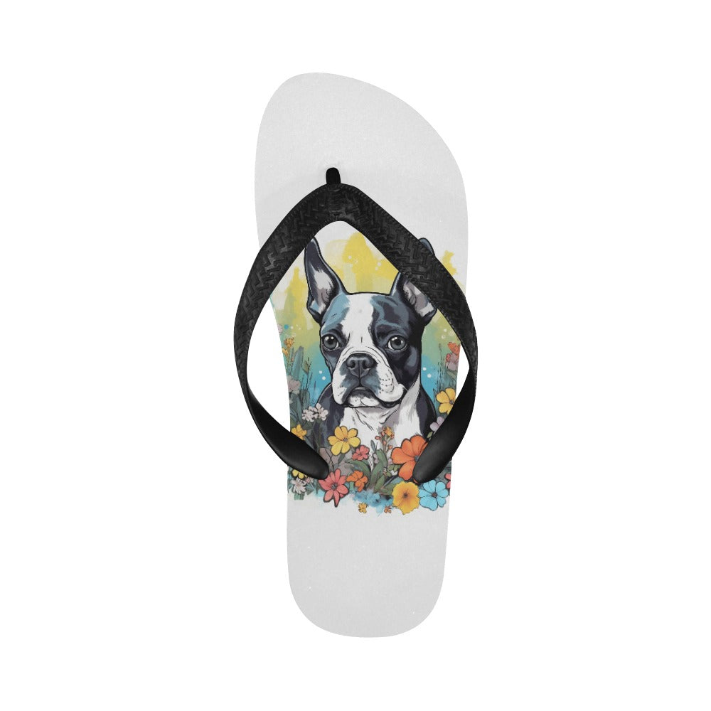 Boston Terrier Surrounded By Flowers Flip Flops (For both Men and Women)