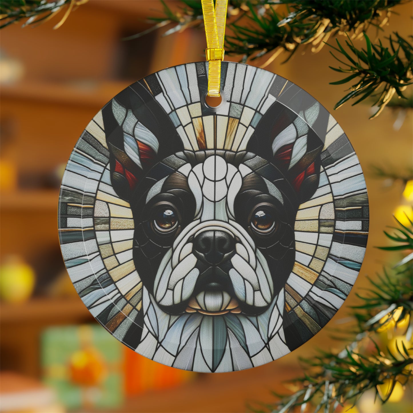 Colorful Geometric Boston Terrier Stained Glass Ornaments - Green and White
