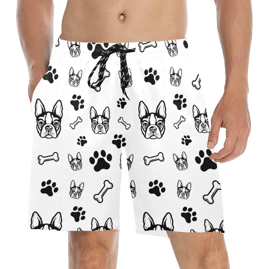 Boston Terrier Paws and Bones Men's Mid-Length Beach Shorts