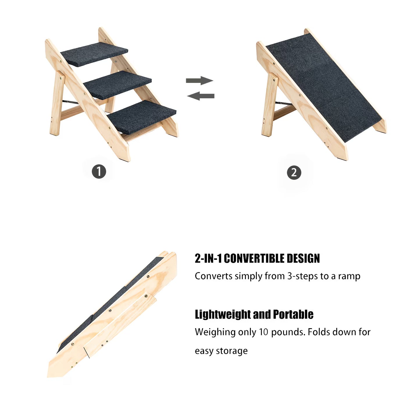 Foldable Wooden Dog Stairs or Ramp For Beds And Cars - 3 Levels - Perfect For Elderly Pets