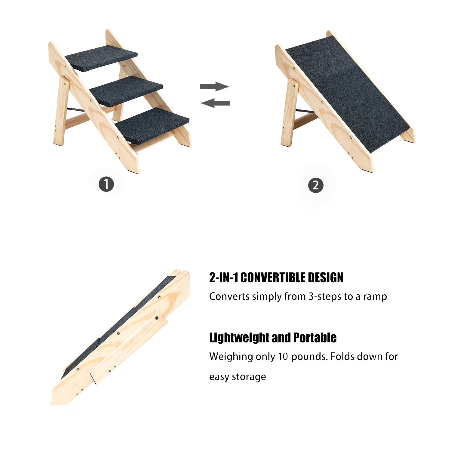 Foldable Wooden Dog Stairs or Ramp For Beds And Cars - 3 Levels - Perfect For Elderly Pets