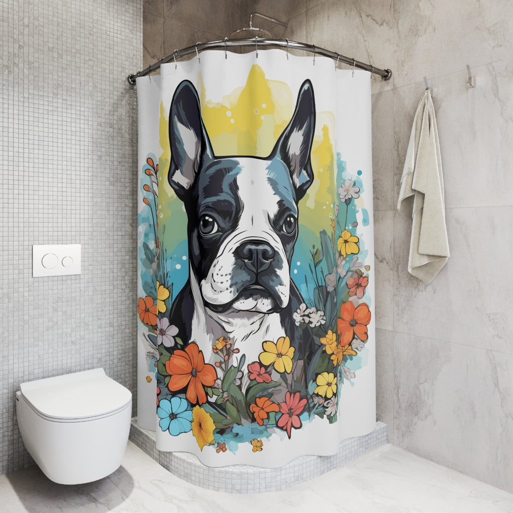 Boston Terrier Surrounded By Flowers Polyester Shower Curtain