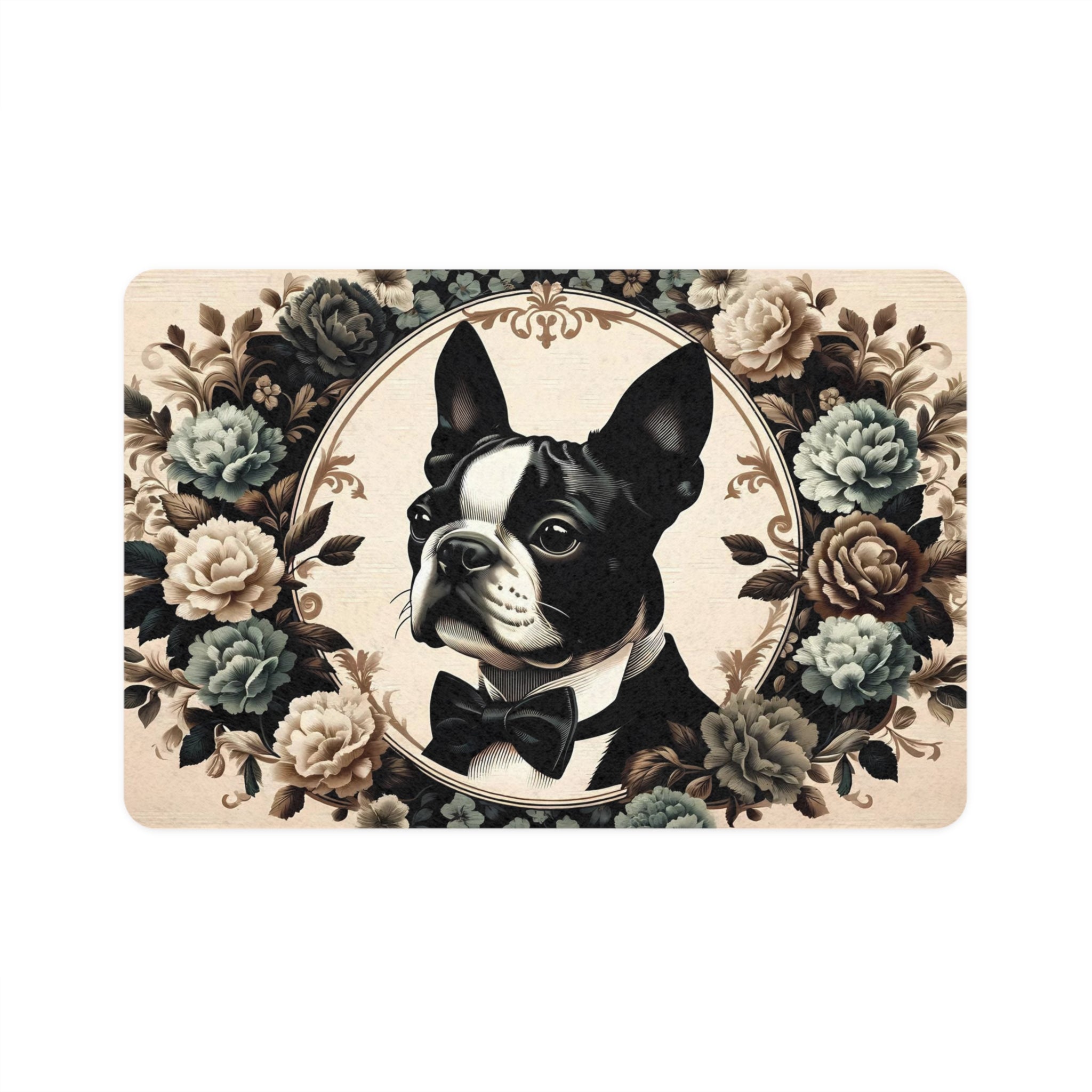 Vintage Floral Boston Terrier Dog Food Mat (12x18) .