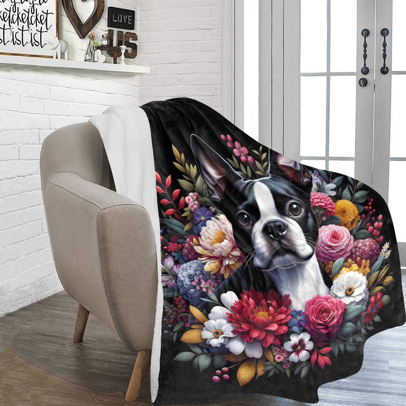 Floral Boston Terrier dog Ultra-Soft Micro Fleece Blanket