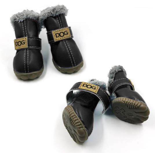 Leather Dog Snow Boots With Fur Lining To Keep Paws Warm