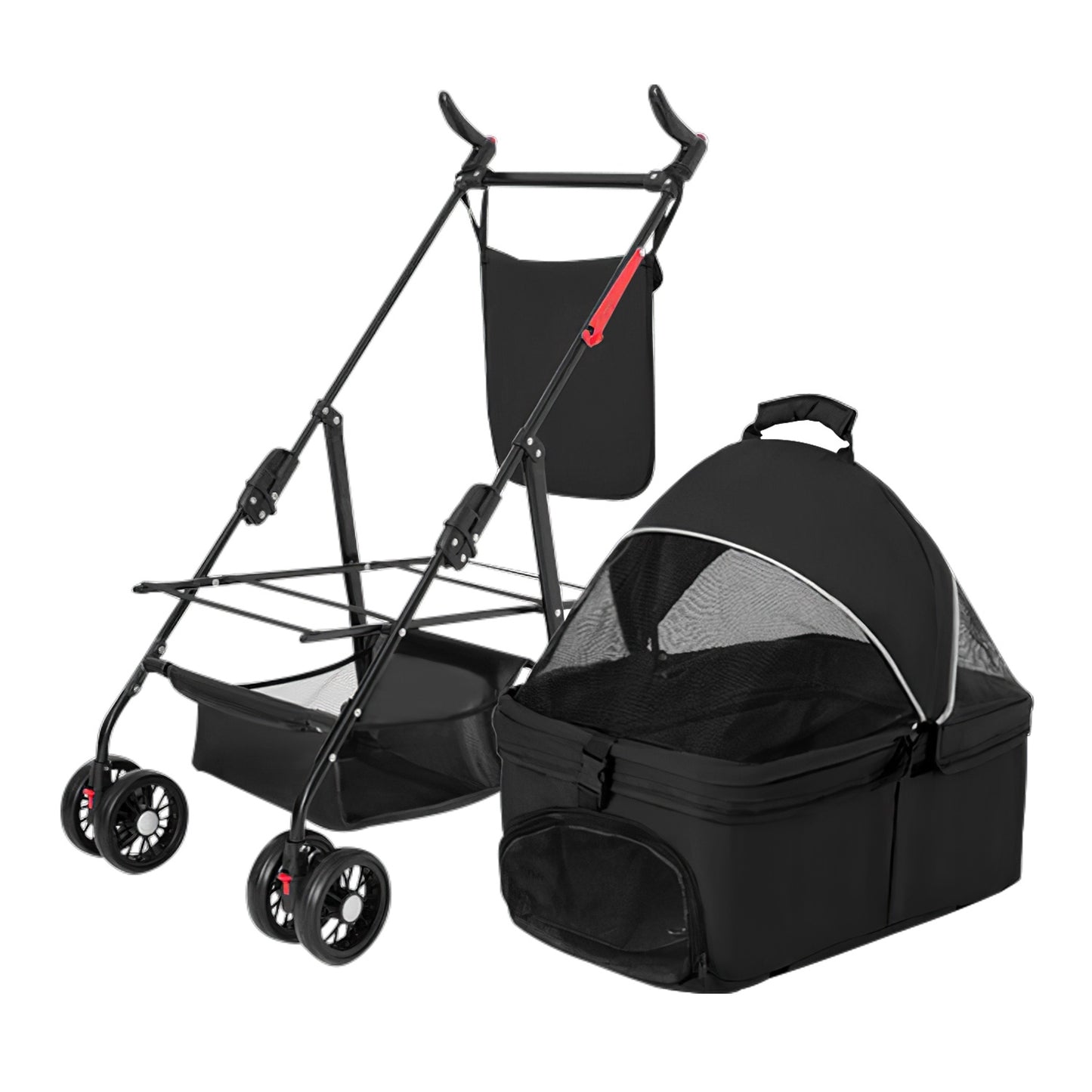 4-Wheels Pet Stroller Foldable Carrier With Removable Liner and Storage Basket