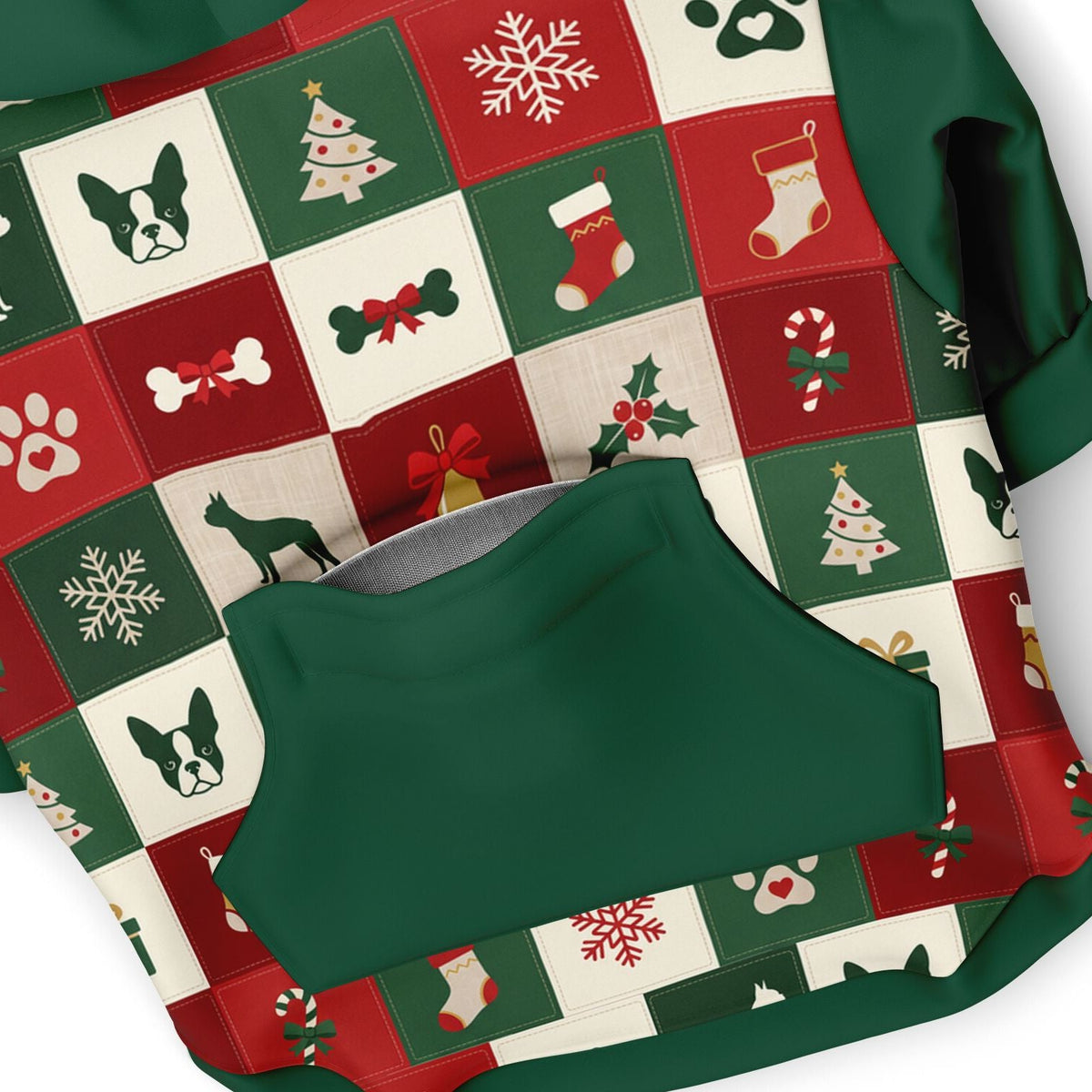 Dog Zip-Up Hoodie - Boston Terrier Christmas Patchwork