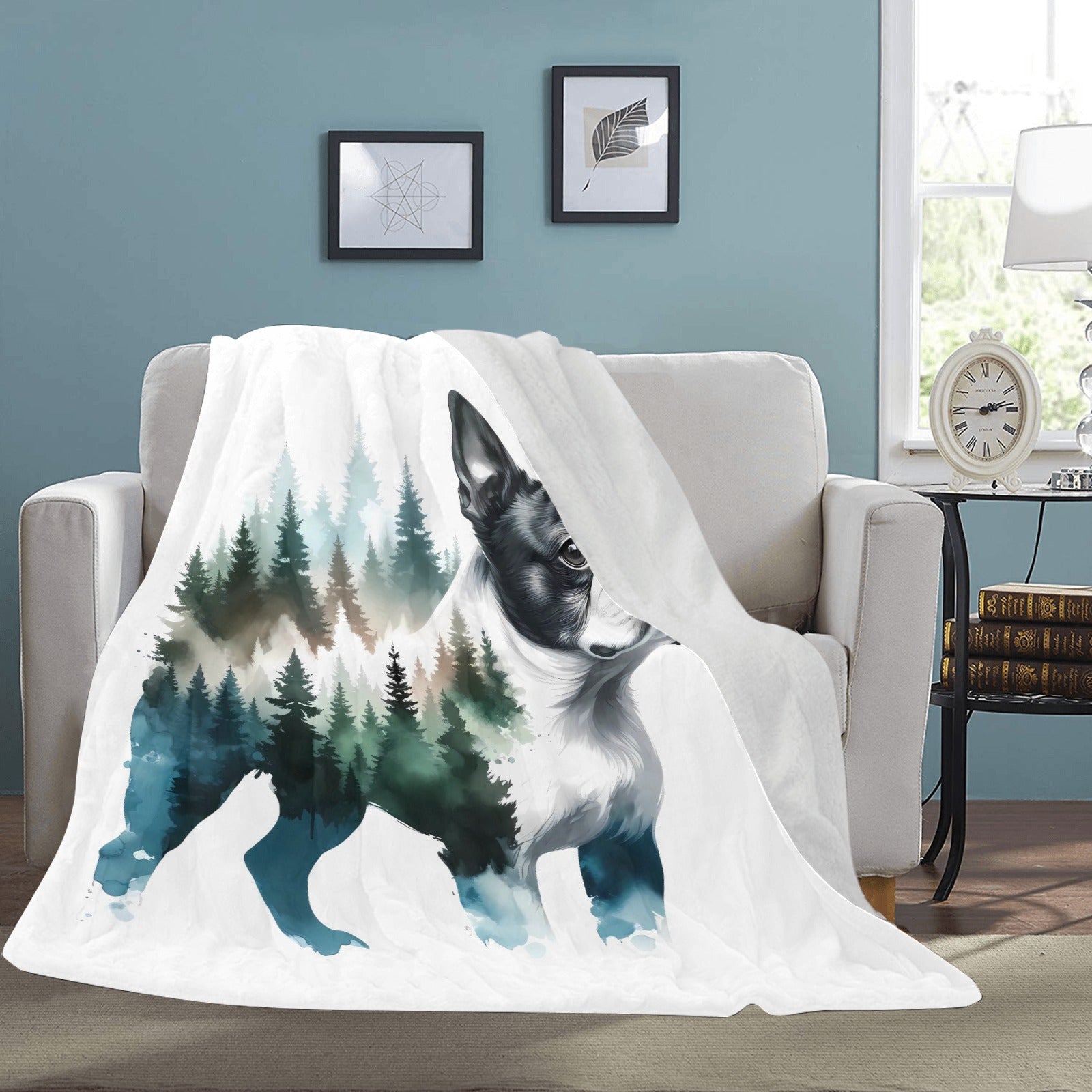 Watercolor Forest Boston Terrier Dog Portrait Ultra-Soft Micro Fleece Blanket .