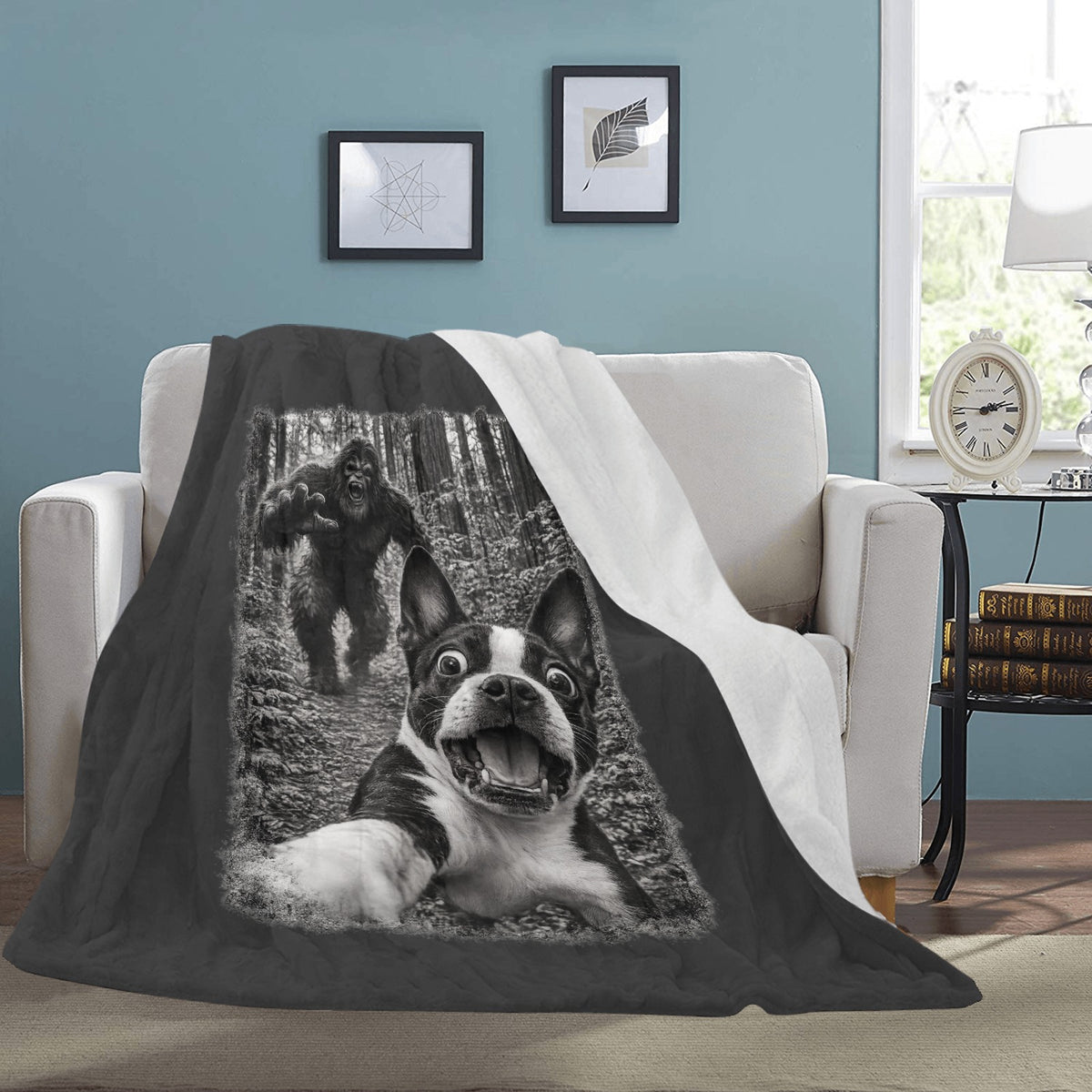 Bigfoot Chase Boston Terrier – Funny Sasquatch Dog Graphic Ultra-Soft Micro Fleece Blanket