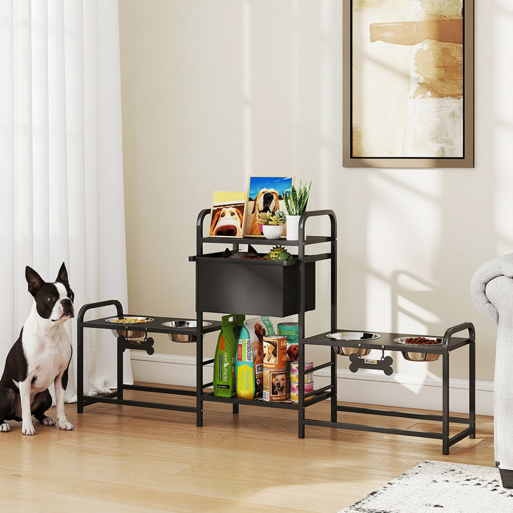 4-Bowl Elevated Dog Feeding Station with Storage – Adjustable Height Stand for Multi-Dog Homes .