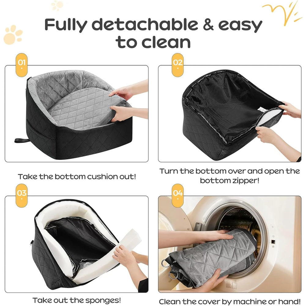 Soft Plush Dog Car Booster Seat – Washable Travel Bed with Safety Belts & Storage Pocket for Small Dogs .