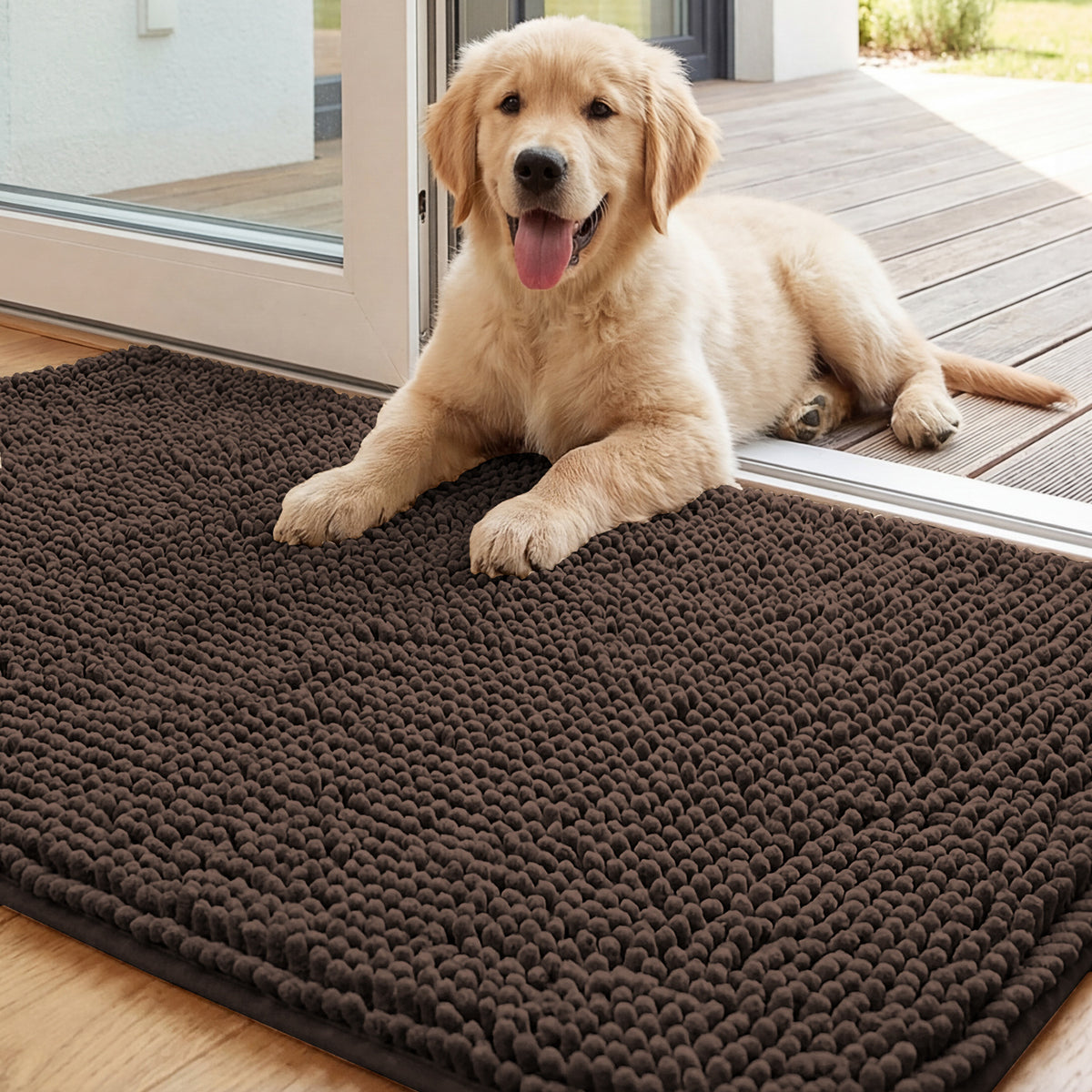Chenille Non-Slip Absorbent Pet Mat – Soft Long-Pile Dog Floor Mat . Brown