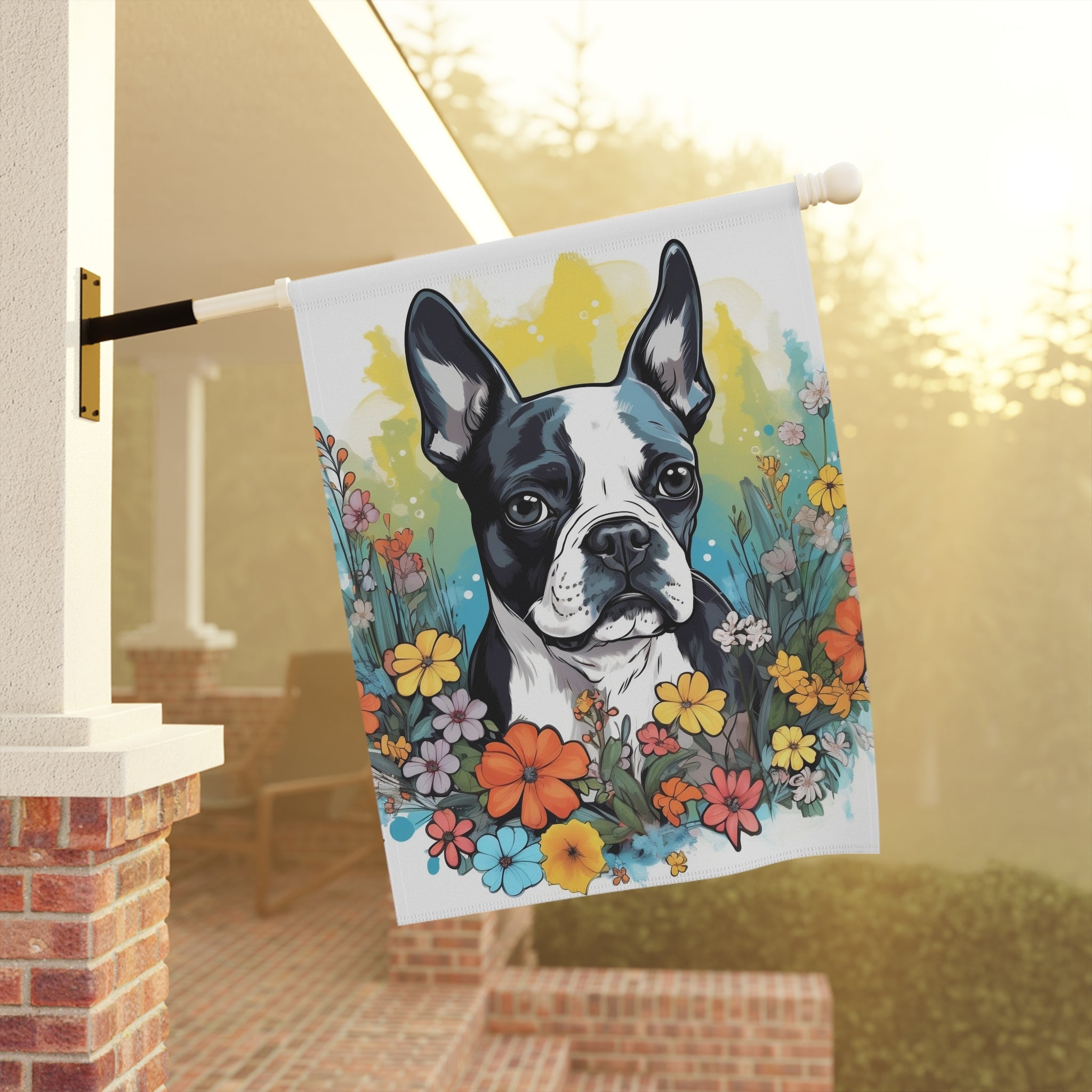 Boston Terrier Surrounded By Flowers Garden & House Banner