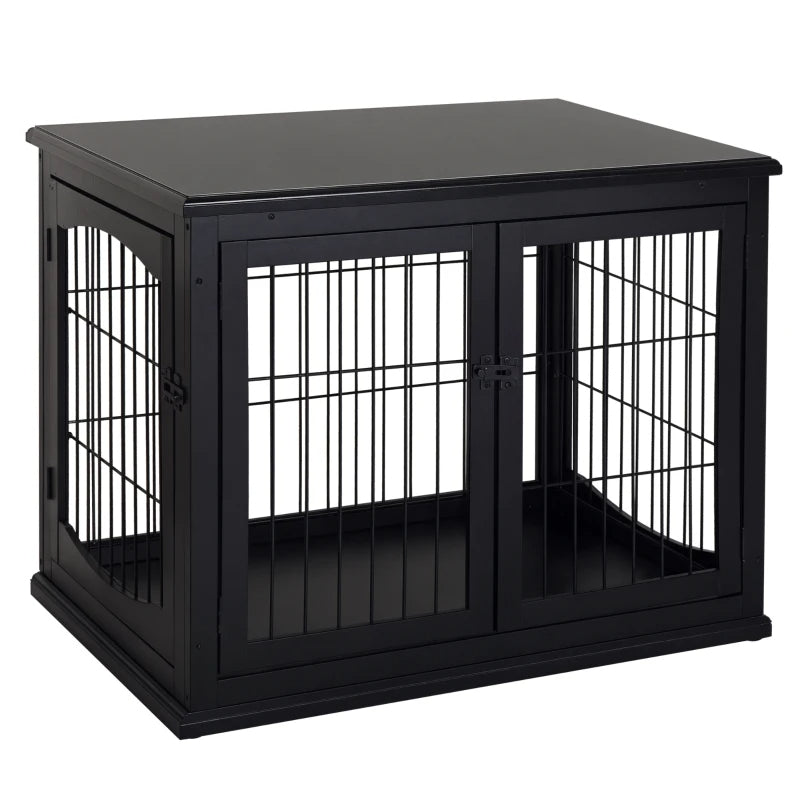 Dog Crate Furniture, 32 Inch Wide Small Medium Dog Cage, End Table With 2 Doors, Puppy Kennel, Black .