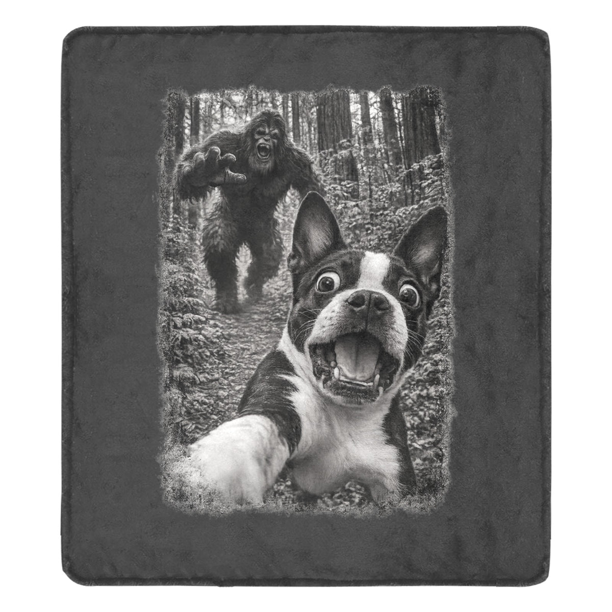 Bigfoot Chase Boston Terrier – Funny Sasquatch Dog Graphic Ultra-Soft Micro Fleece Blanket