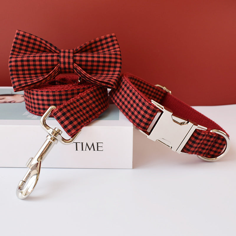 Red And Black Plaid Dog Collar With Bow Tie And Leash