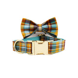 Yellow Blue Red Plaid Dog Collar With Bow Tie And Leash