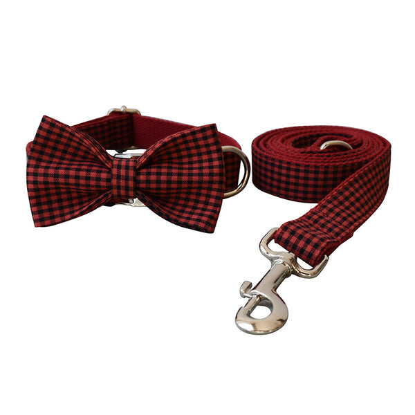 Red And Black Plaid Dog Collar With Bow Tie And Leash