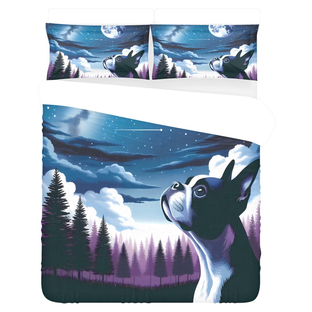 Boston Terrier Dog Gazing At The Starry Night Sky 3-Piece Bedding Set
