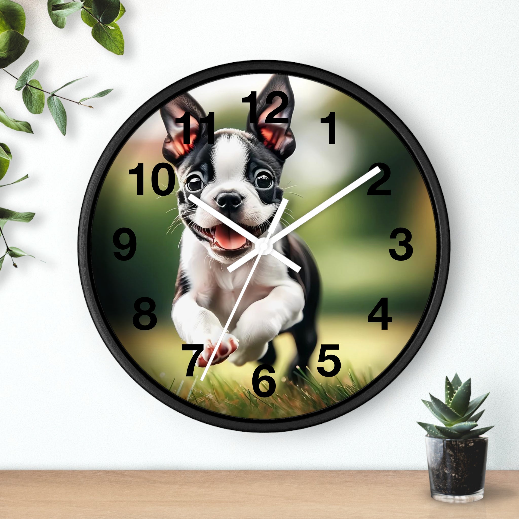 Playful Boston Terrier Puppy Wall Clock