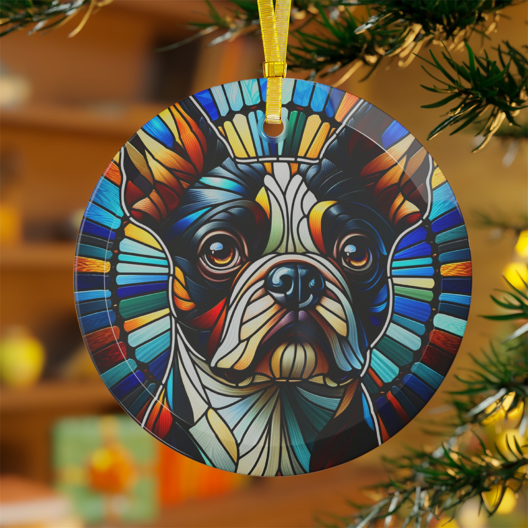 Colorful Geometric Boston Terrier Stained Glass Ornaments - Blue