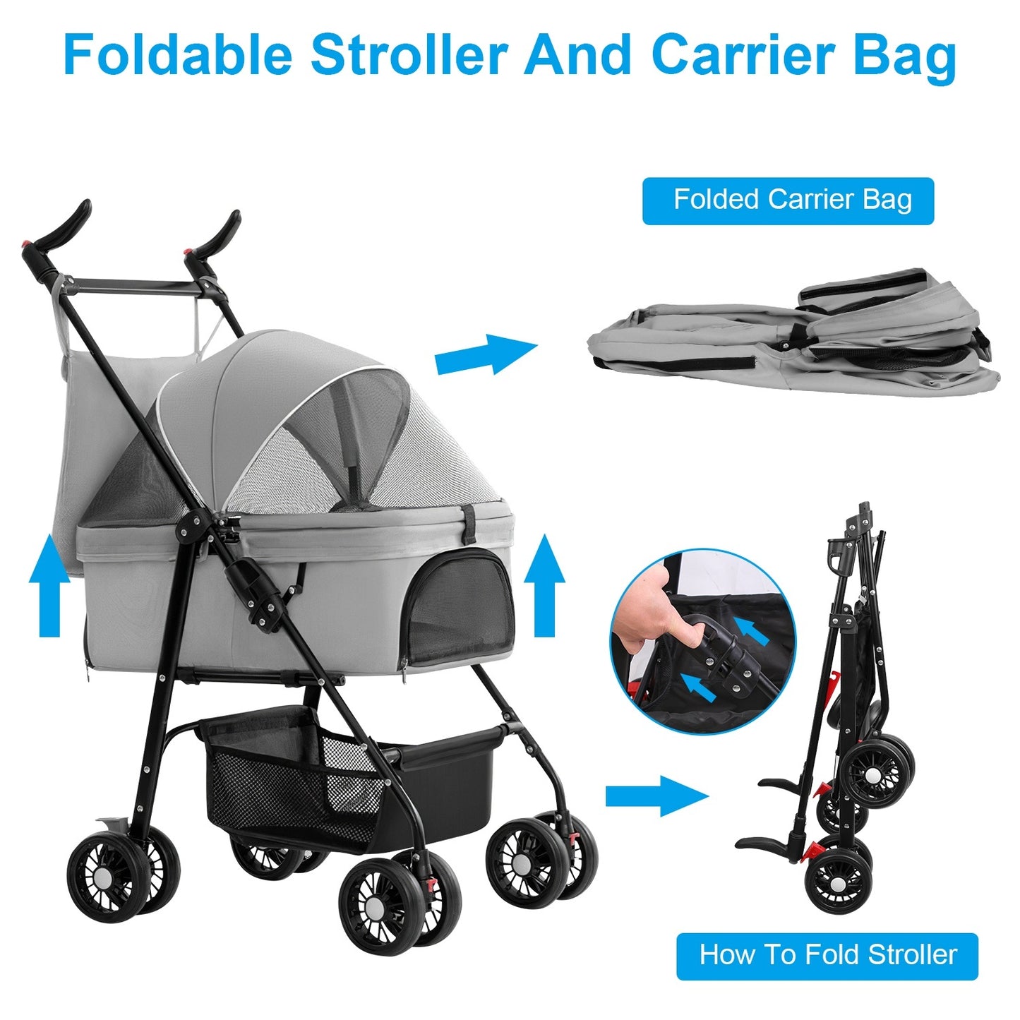 4-Wheels Pet Stroller Foldable Carrier With Removable Liner and Storage Basket