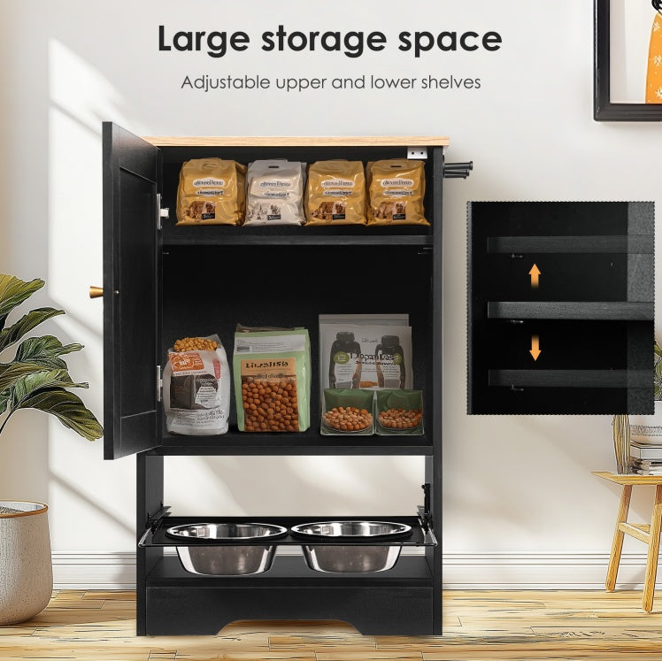 Dog Feeding Station With 2 Elevated Stainless Dog Bowls and Side Hooks