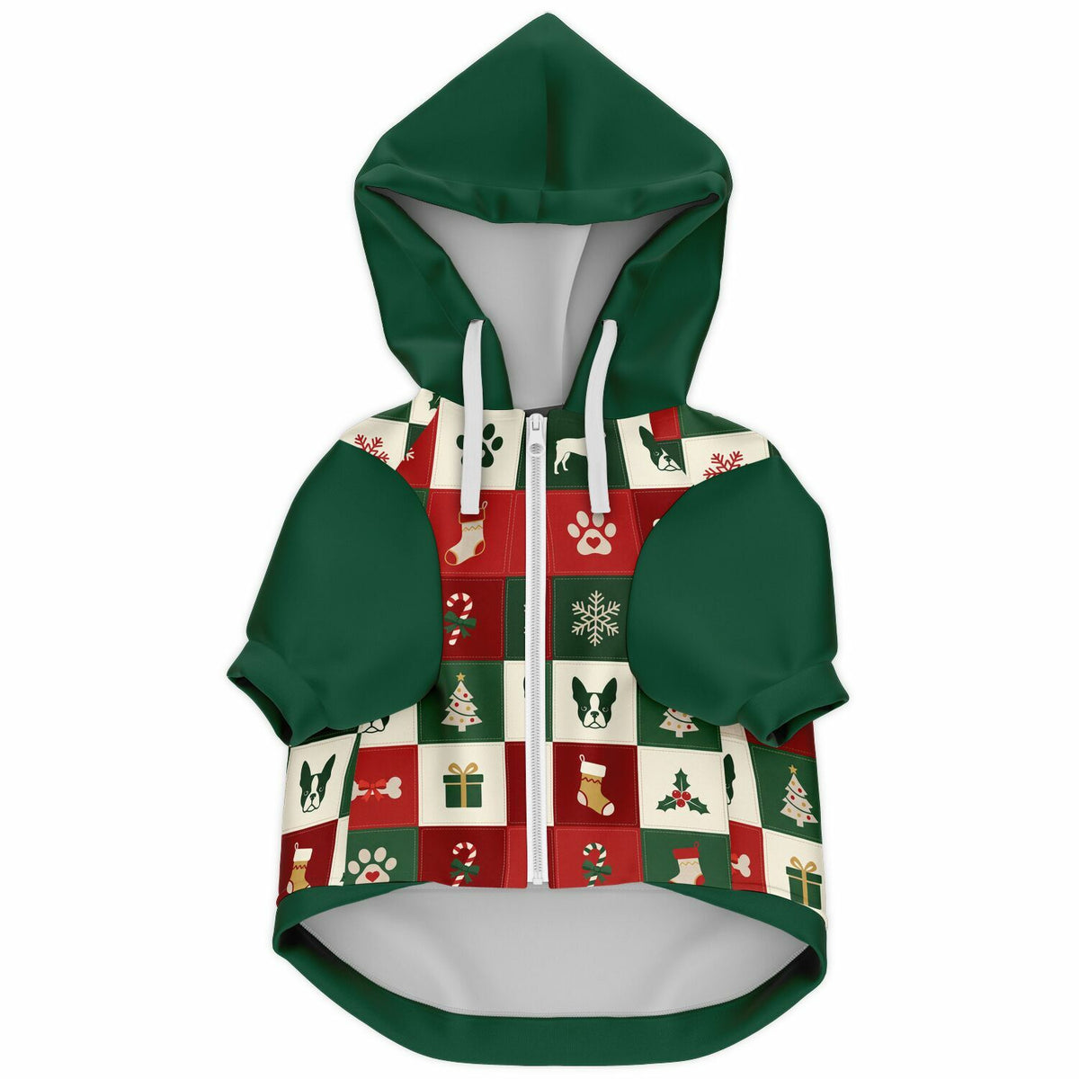 Dog Zip-Up Hoodie - Boston Terrier Christmas Patchwork