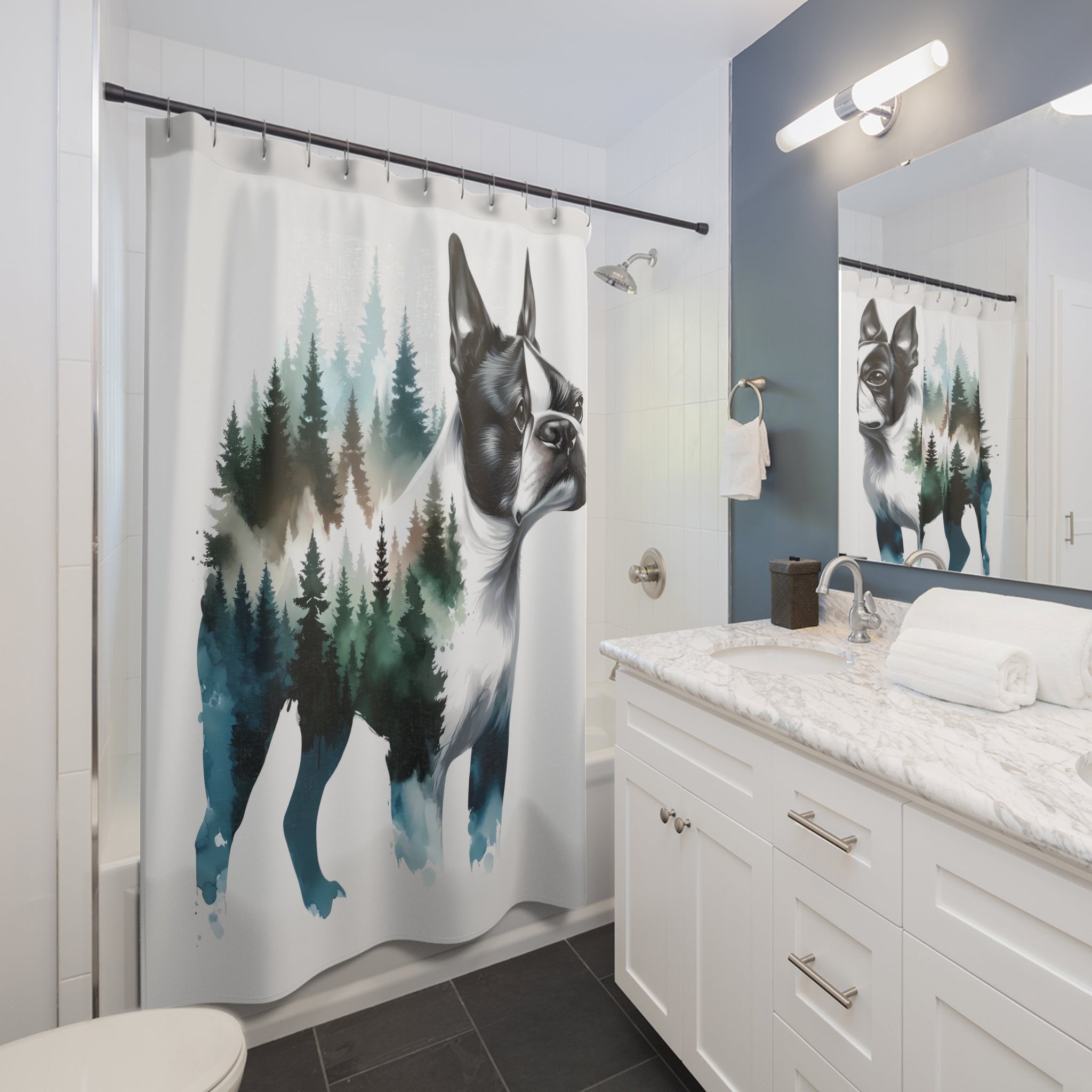 Watercolor Forest Boston Terrier Dog Portrait Shower Curtains .
