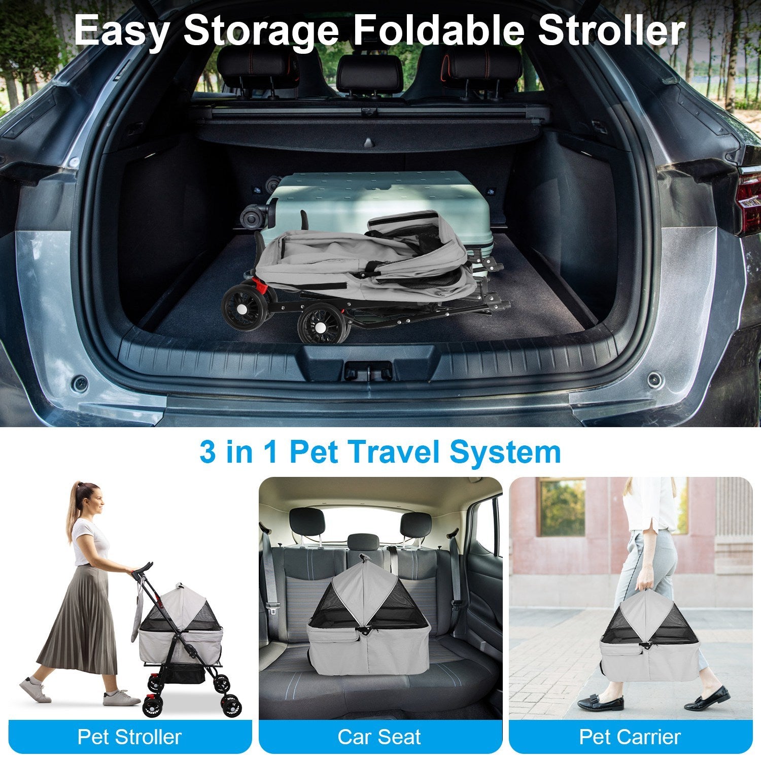 4-Wheels Pet Stroller Foldable Carrier With Removable Liner and Storage Basket