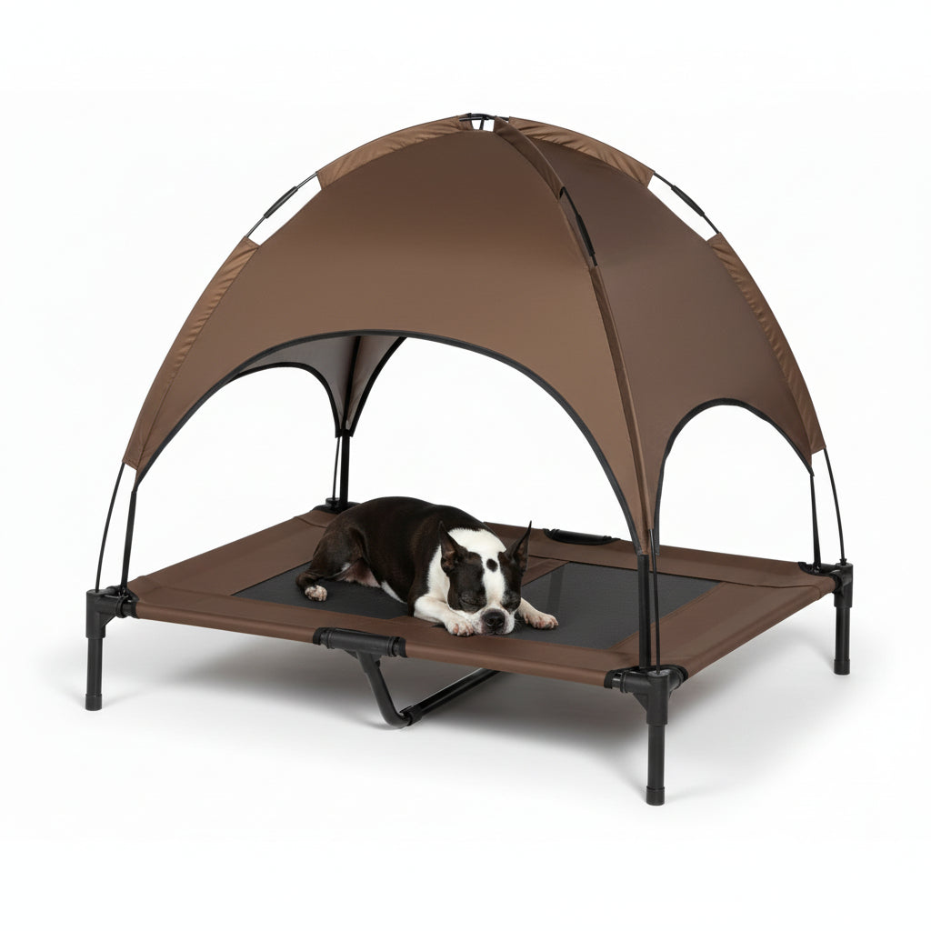 Portable Elevated Dog Bed with Sun Shade Canopy – Outdoor Cooling Pet Cot (36") - Coffee .