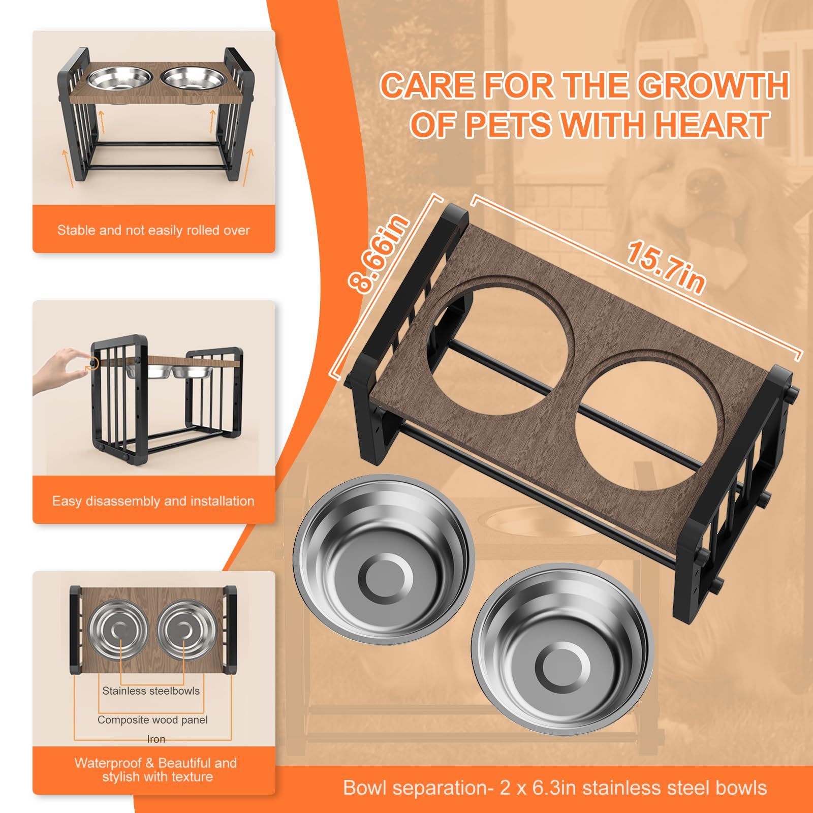 H-shaped Iron Frame Wood and Stainless Steel Lifted Dog Bowls