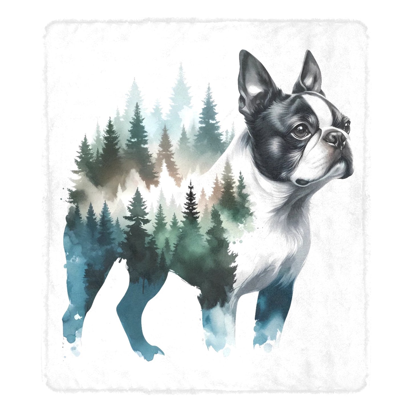 Watercolor Forest Boston Terrier Dog Portrait Ultra-Soft Micro Fleece Blanket .