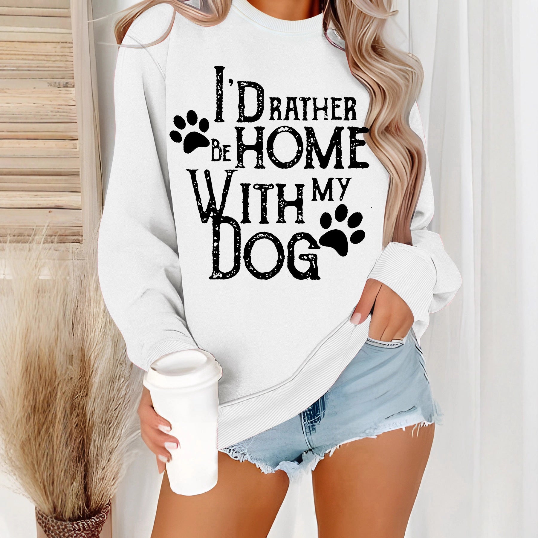 I'd Rather Be Home With My Dog Sweatshirt with Dog Paw Prints . White