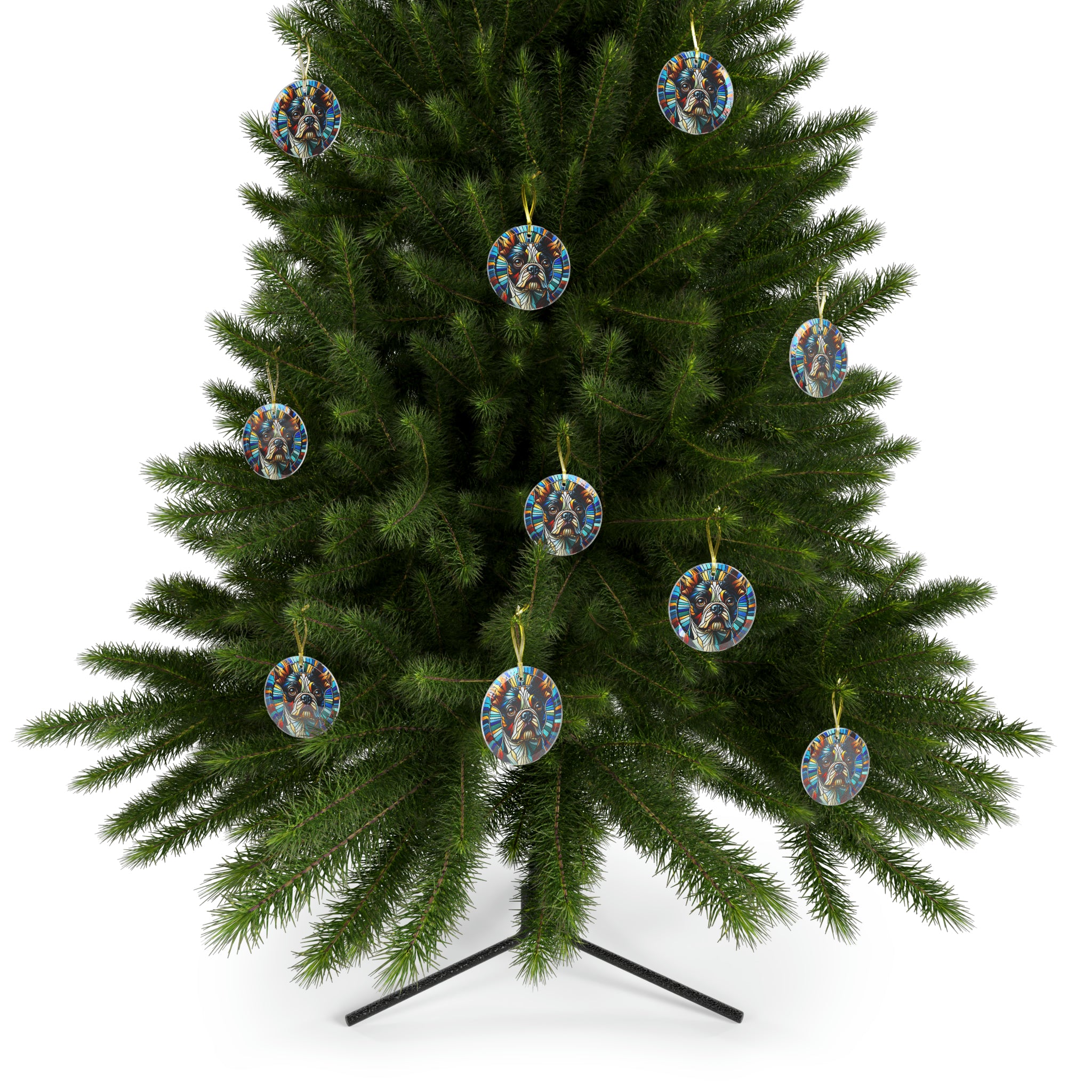 Colorful Geometric Boston Terrier Stained Glass Ornaments - Blue and Warm
