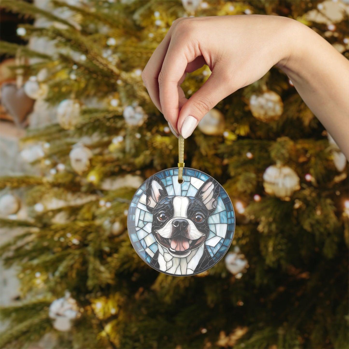 Colorful Geometric Boston Terrier Stained Glass Ornaments - Blue and Joyful
