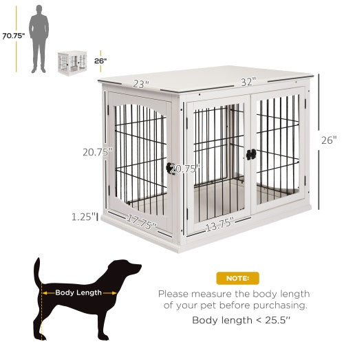 Furniture Dog Crate with Two Open Sides and Lockable Door - White and Black