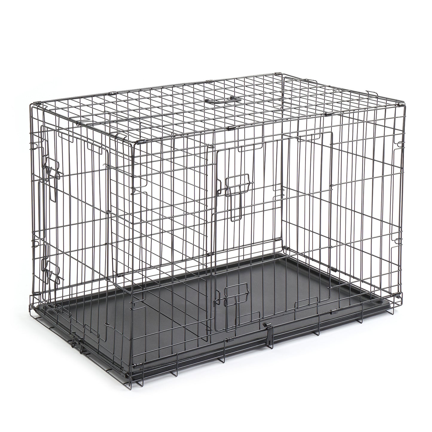 Metal Wire Foldable Dog Crate With Divider Plastic Tray - 42 Inches - Black