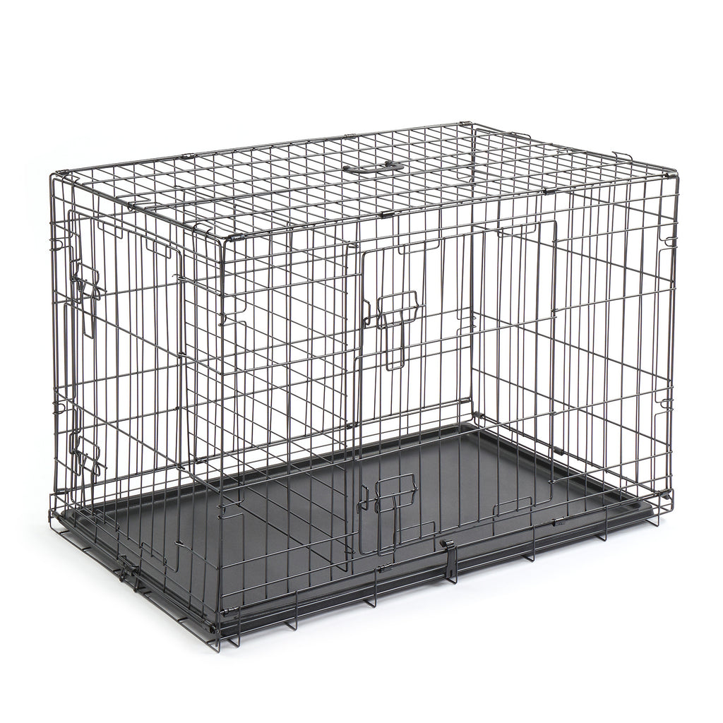 Metal Wire Foldable Dog Crate With Divider Plastic Tray - 36 Inches - Black