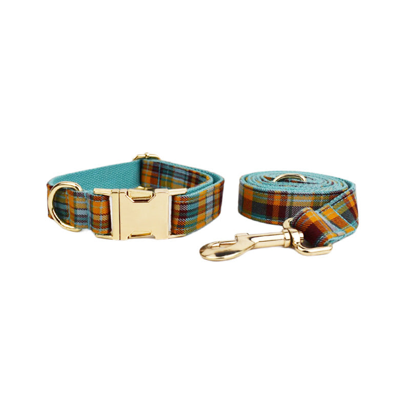 Yellow Blue Red Plaid Dog Collar With Bow Tie And Leash