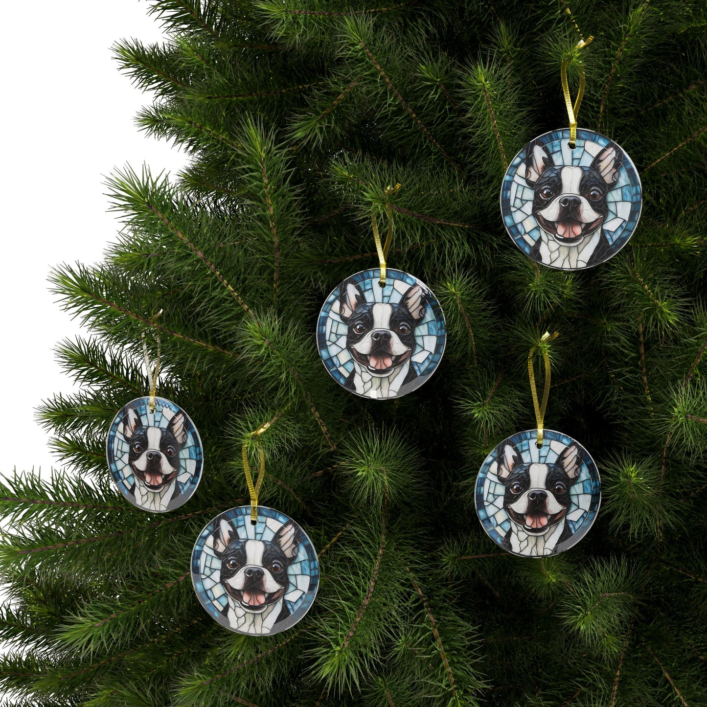Colorful Geometric Boston Terrier Stained Glass Ornaments - Blue and Joyful