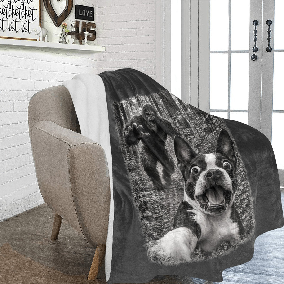 Bigfoot Chase Boston Terrier – Funny Sasquatch Dog Graphic Ultra-Soft Micro Fleece Blanket